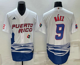 Men%27s Puerto Rico Baseball #9 Javier Baez White 2023 World Baseball Classic Stitched Jerseys